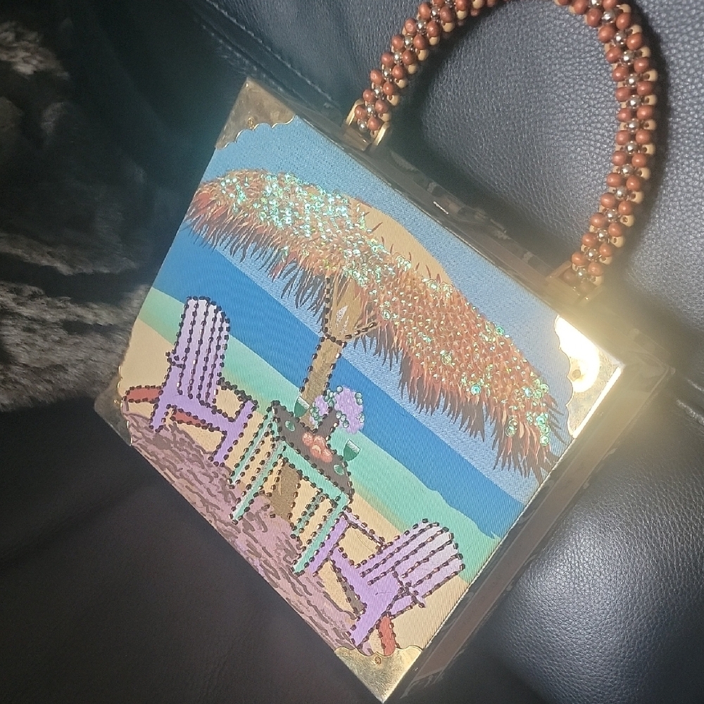 Bracciano Cigar Box Handbag with Beaded Handle. Beach Scene.